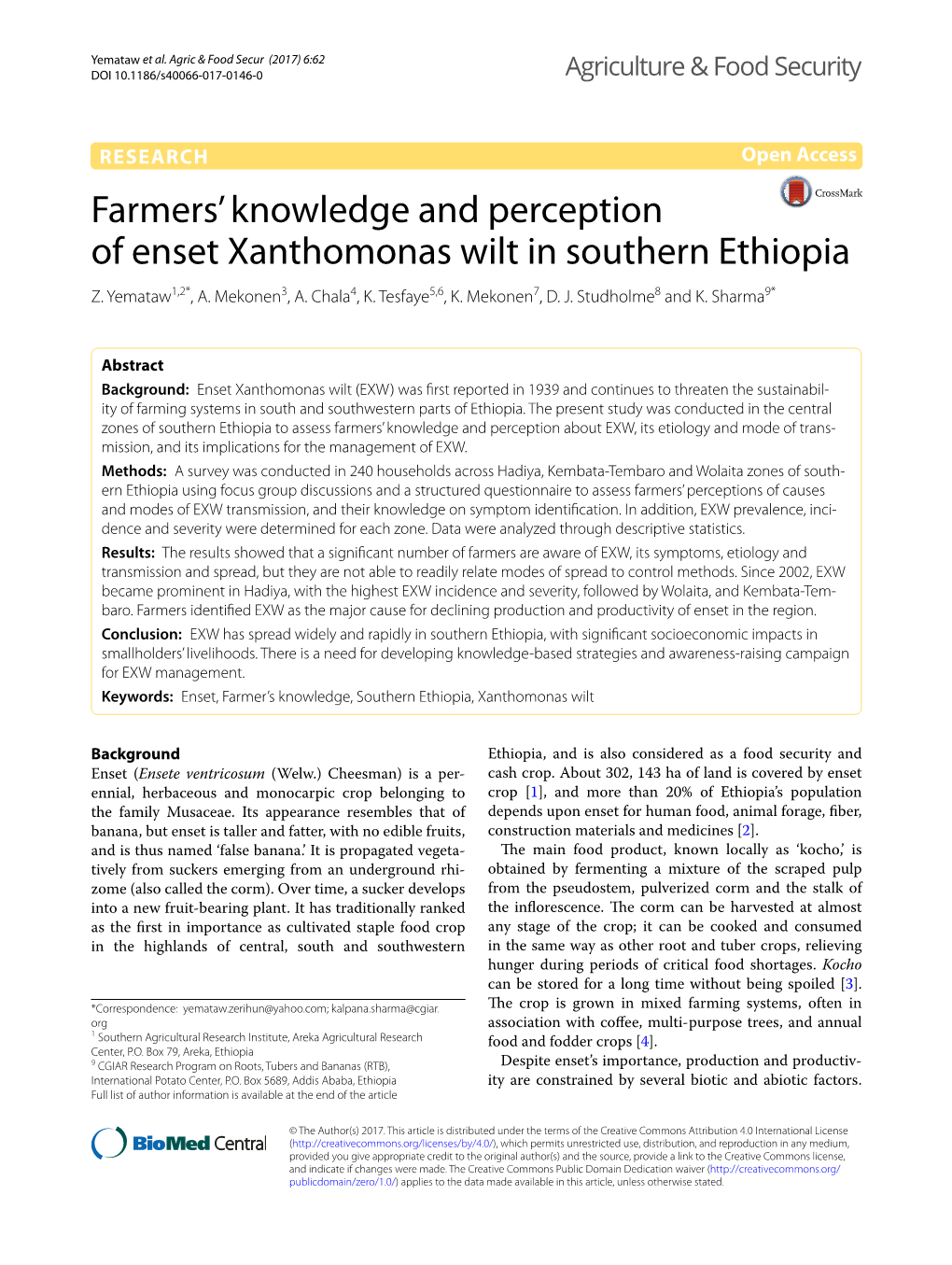 Farmers' Knowledge and Perception of Enset Xanthomonas Wilt In