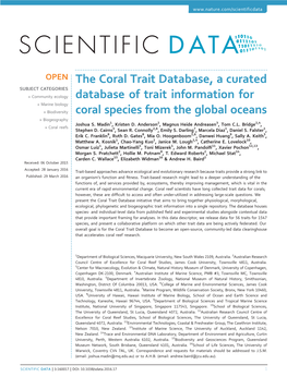 The Coral Trait Database, a Curated Database of Trait Information for Coral Species from the Global Oceans