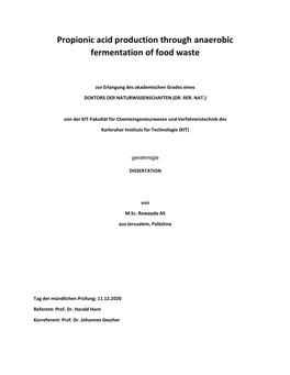 Propionic Acid Production Through Anaerobic Fermentation of Food Waste