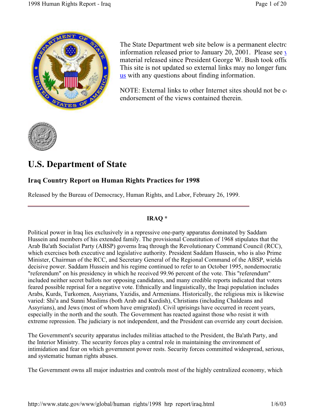 1998 Human Rights Report - Iraq Page 1 of 20