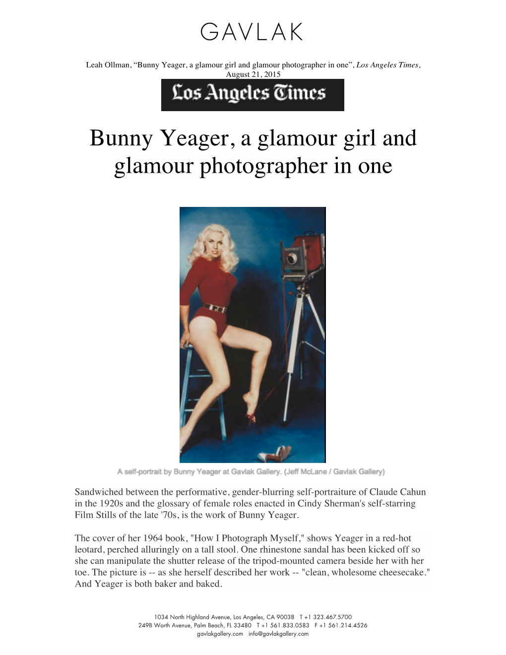Bunny Yeager, a Glamour Girl and Glamour Photographer in One”, Los Angeles Times, August 21, 2015