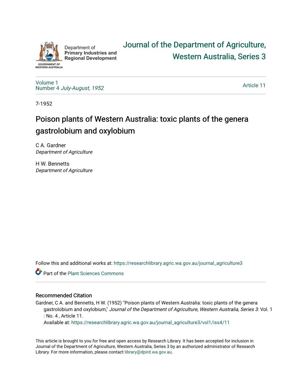 Poison Plants of Western Australia: Toxic Plants of the Genera Gastrolobium and Oxylobium