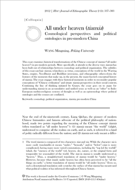 All Under Heaven (Tianxia) Cosmological Perspectives and Political Ontologies in Pre-Modern China