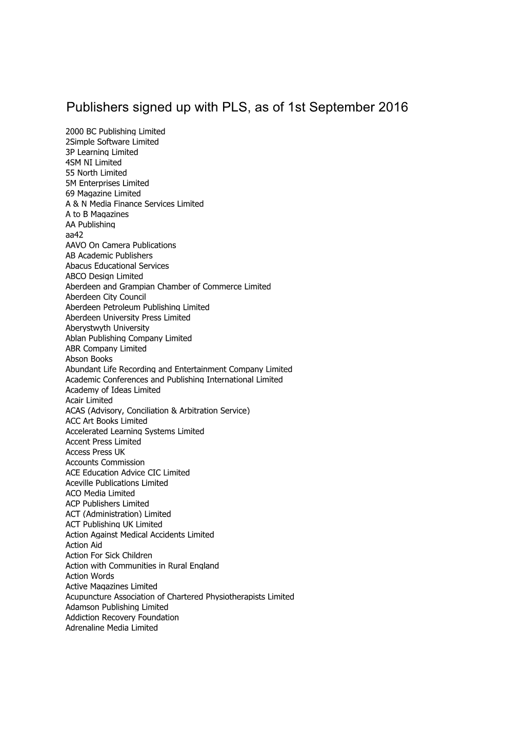 Publishers Signed up with PLS, As of 1St September 2016