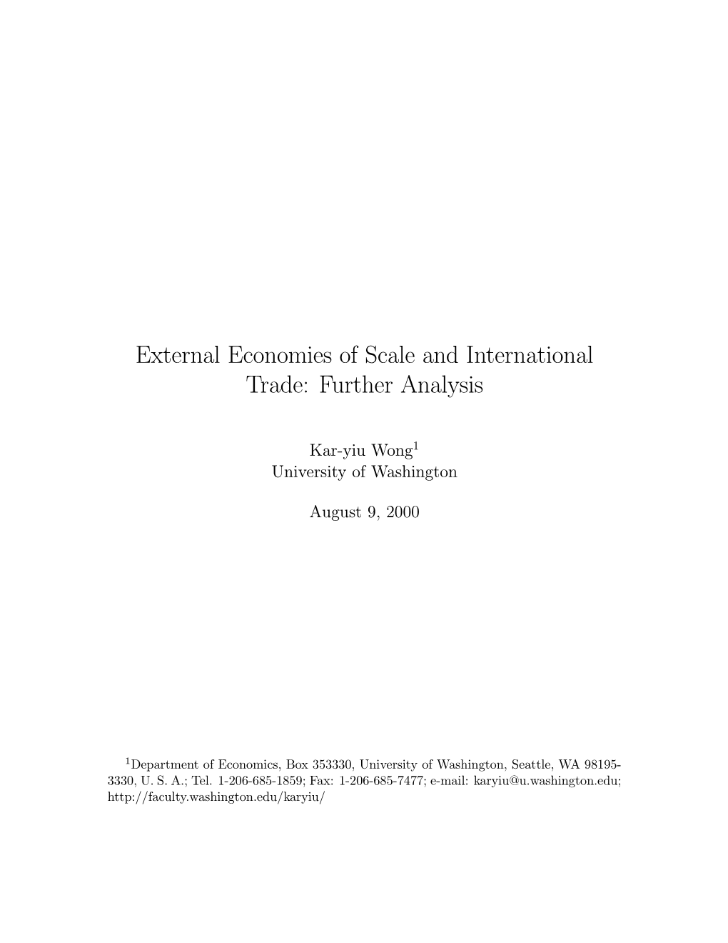 External Economies of Scale and International Trade: Further Analysis