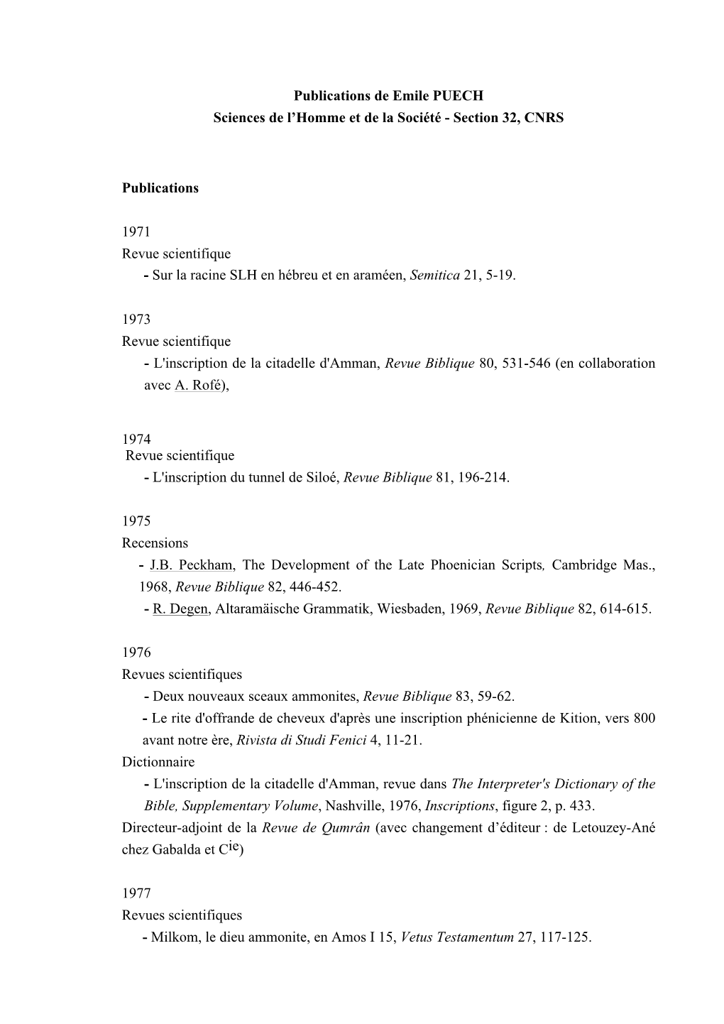 Publications De Emile PUECH Sciences De L’Homme Et De La Société - Section 32, CNRS