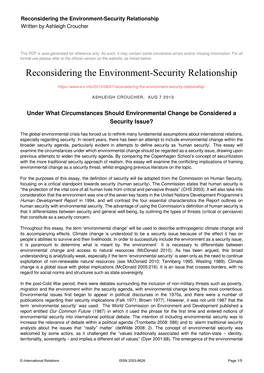 Reconsidering the Environment-Security Relationship Written by Ashleigh Croucher