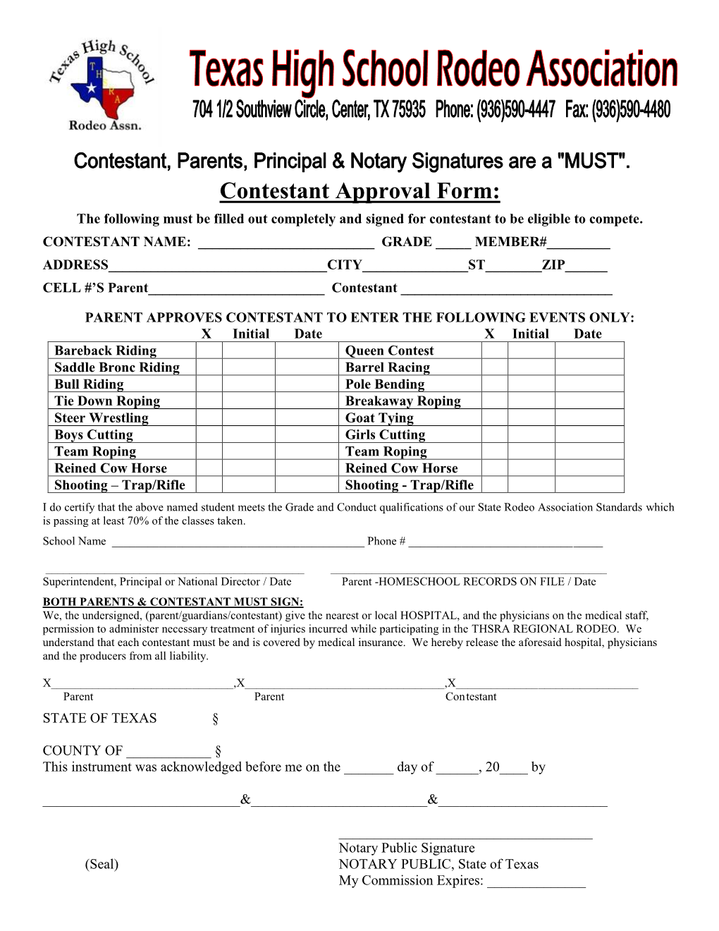 THSRA Contestant Approval Form