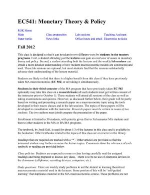 EC541: Monetary Theory & Policy