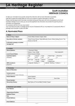 SA Heritage Register Nomination Form South Australian HERITAGE COUNCIL