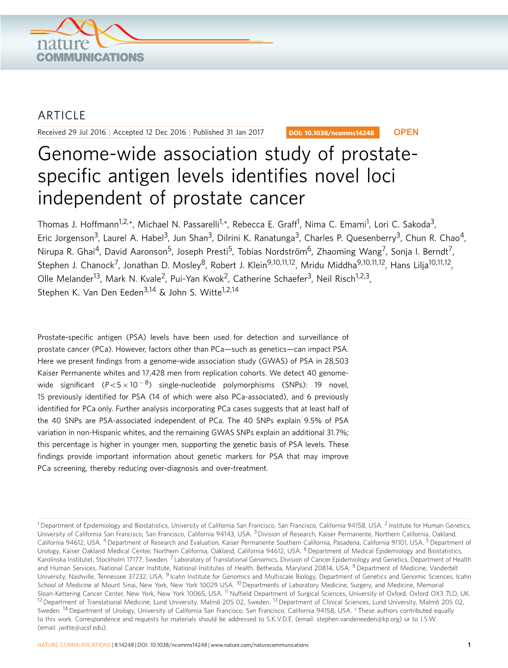 Genome-Wide Association Study of Prostate-Specific Antigen Levels