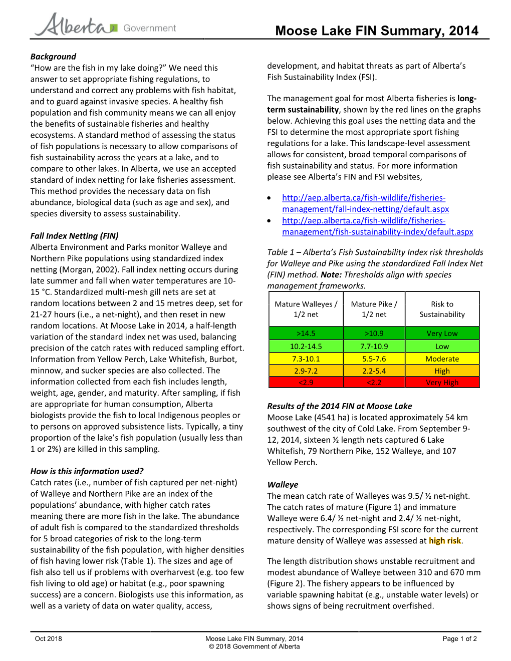 Moose Lake FIN Summary 2014