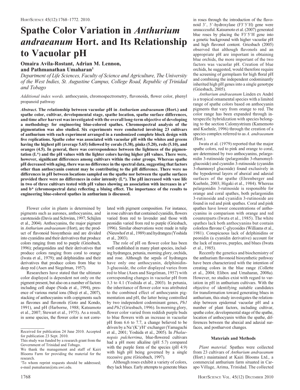 Spathe Color Variation in Anthurium Andraeanum Hort. and Its Relationship to Vacuolar Ph