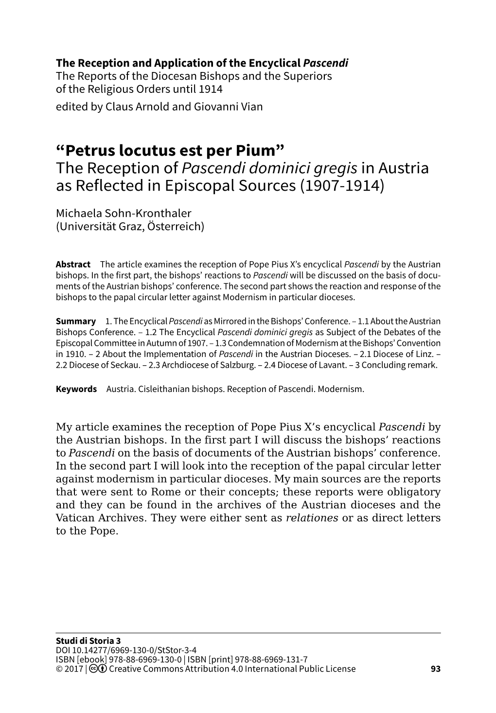 The Reception of Pascendi Dominici Gregis in Austria As Reflected in Episcopal Sources (1907-1914)