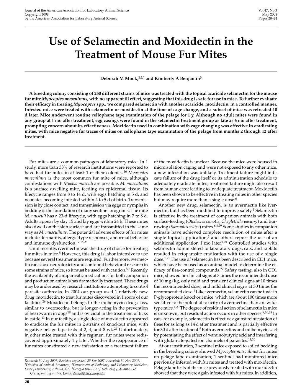 Use of Selamectin and Moxidectin in the Treatment of Mouse Fur Mites