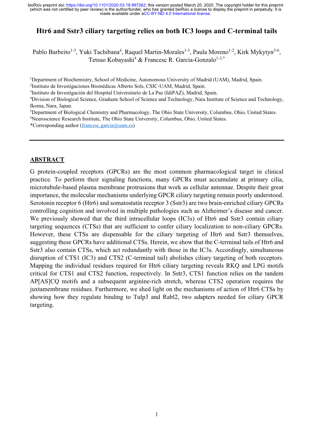 Htr6 and Sstr3 Ciliary Targeting Relies on Both IC3 Loops and C-Terminal Tails