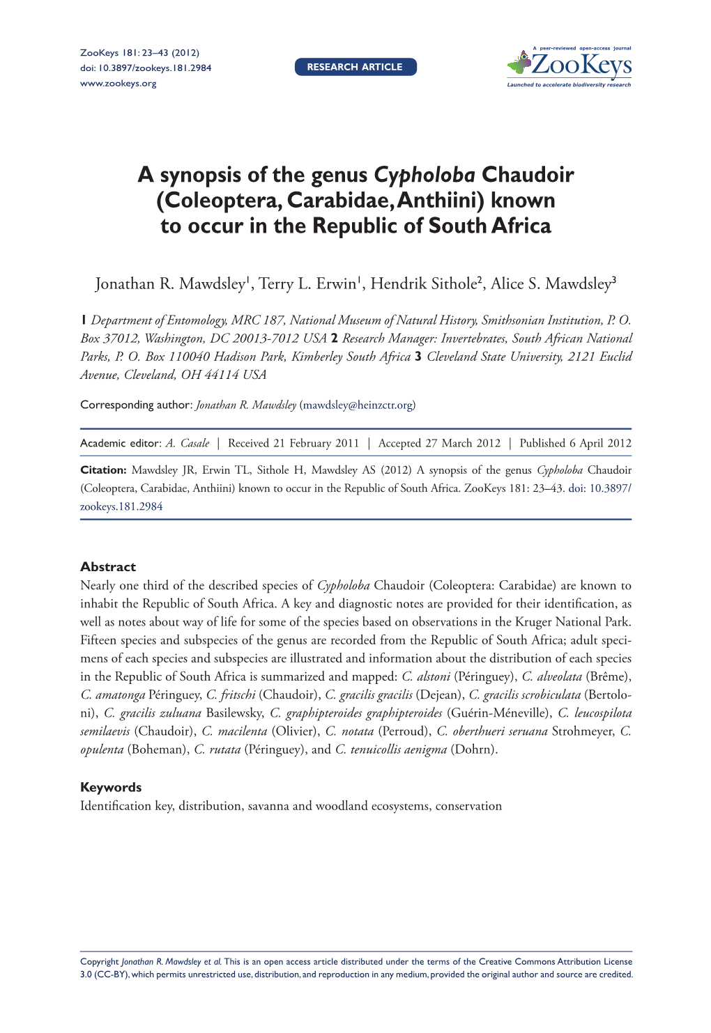 A Synopsis of the Genus Cypholoba Chaudoir (Coleoptera, Carabidae, Anthiini) Known to Occur in the Republic of South Africa