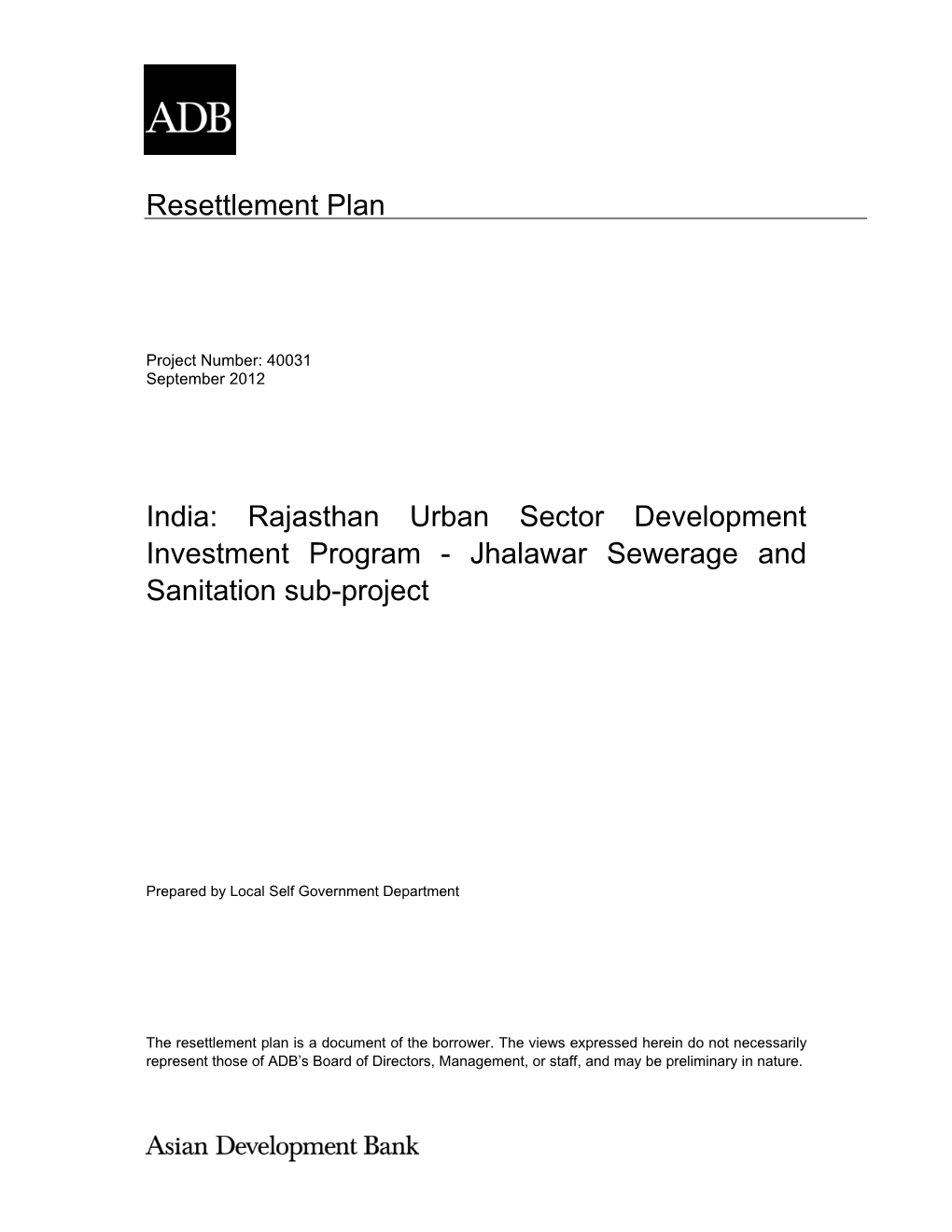Jhalawar Sewerage and Sanitation Subproject, Rajasthan Urban
