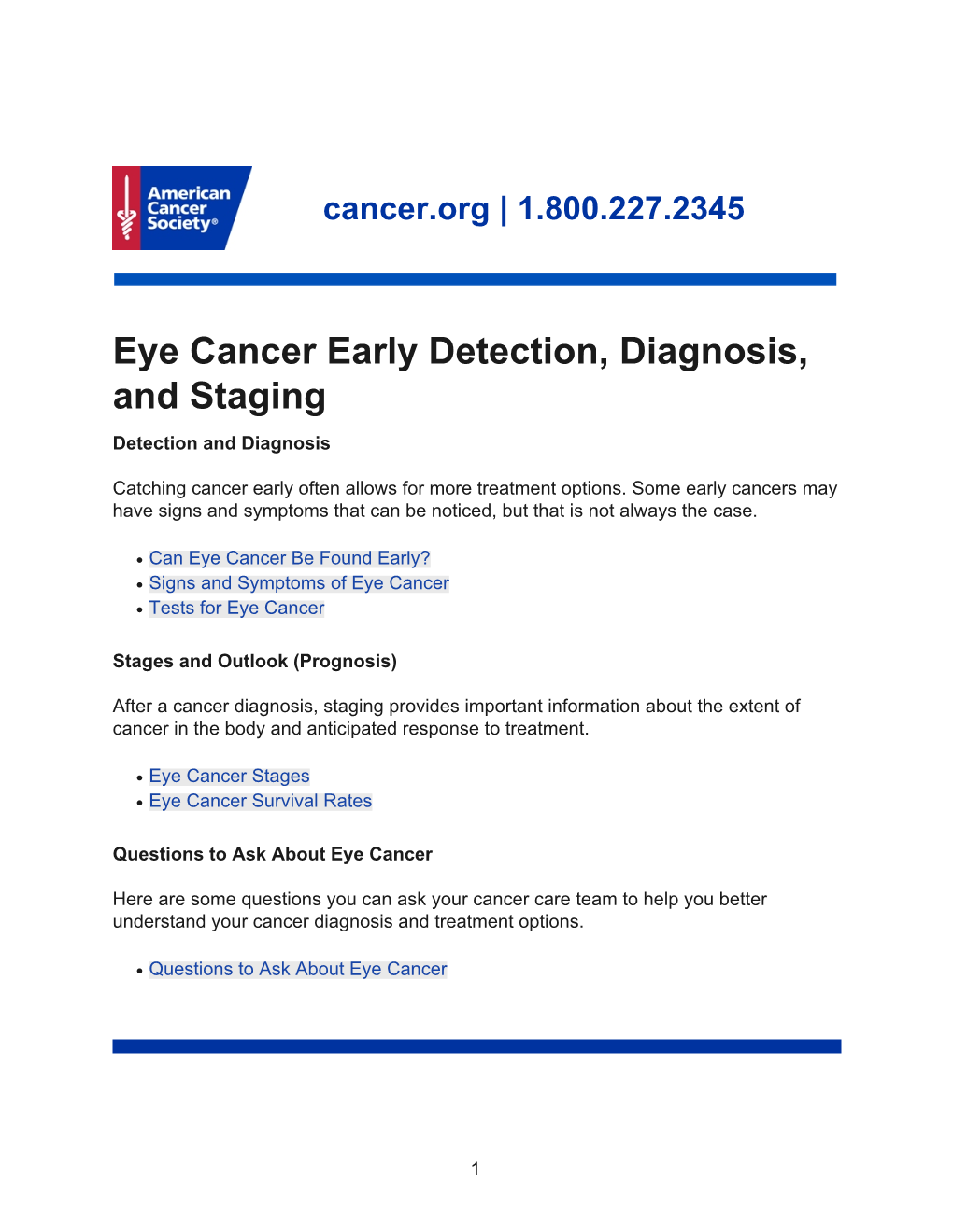 Eye Cancer Early Detection, Diagnosis, and Staging Detection and Diagnosis