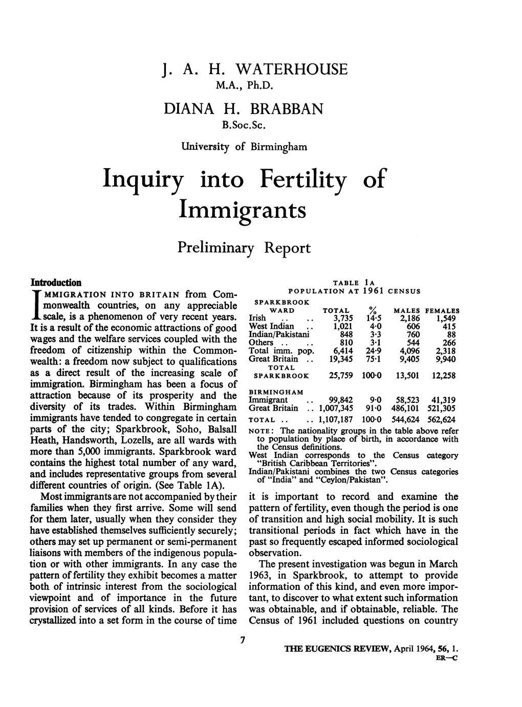 Inquiry Into Fertility of Immigrants Preliminary Report