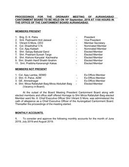 PROCEEDINGS for the ORDINARY MEETING of AURANGABAD CANTONMENT BOARD to BE HELD on 16Th September, 2019 at 1100 HOURS in the OFFICE of the CANTONMENT BOARD AURANGABAD