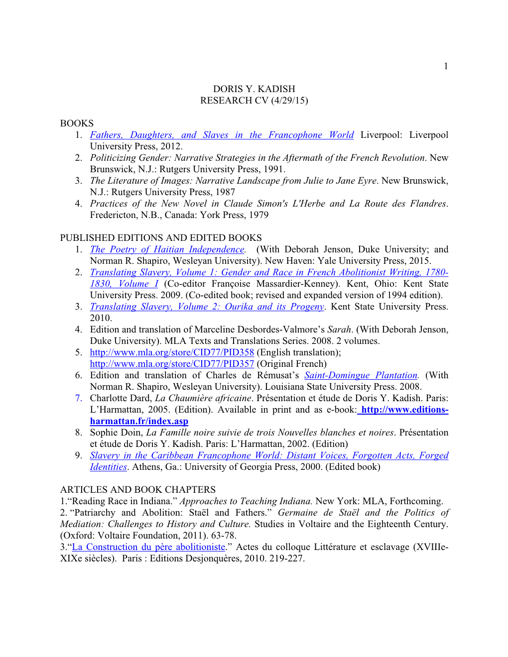 Doris Y. Kadish Research Cv (4/29/15)