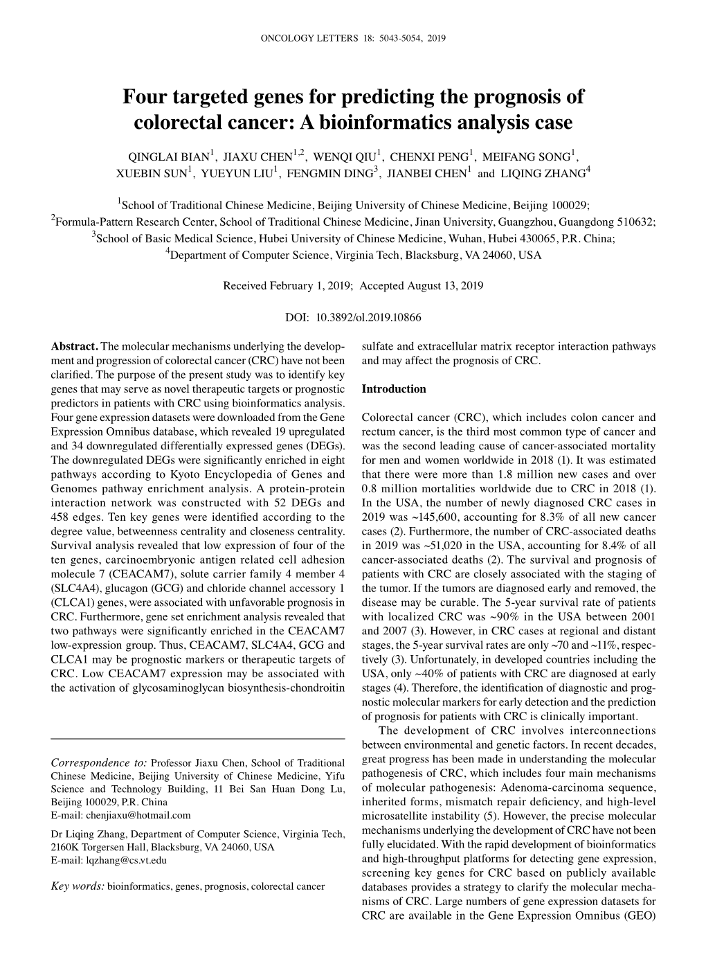 Four Targeted Genes for Predicting the Prognosis of Colorectal Cancer: a Bioinformatics Analysis Case