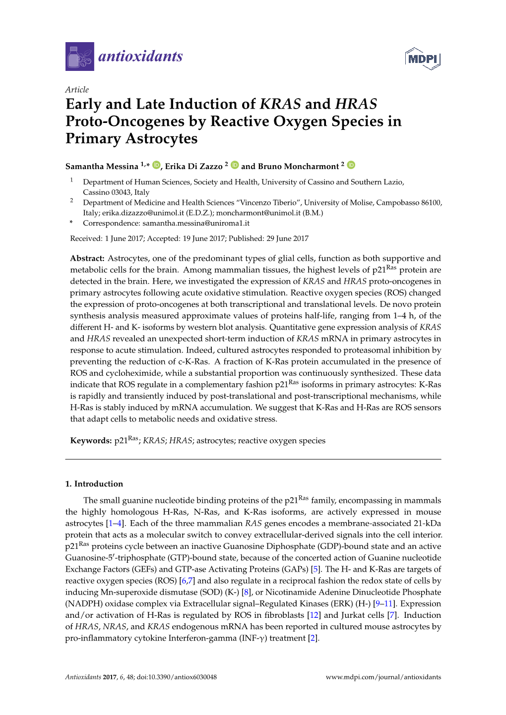 Early and Late Induction of KRAS and HRAS Proto-Oncogenes by Reactive Oxygen Species in Primary Astrocytes