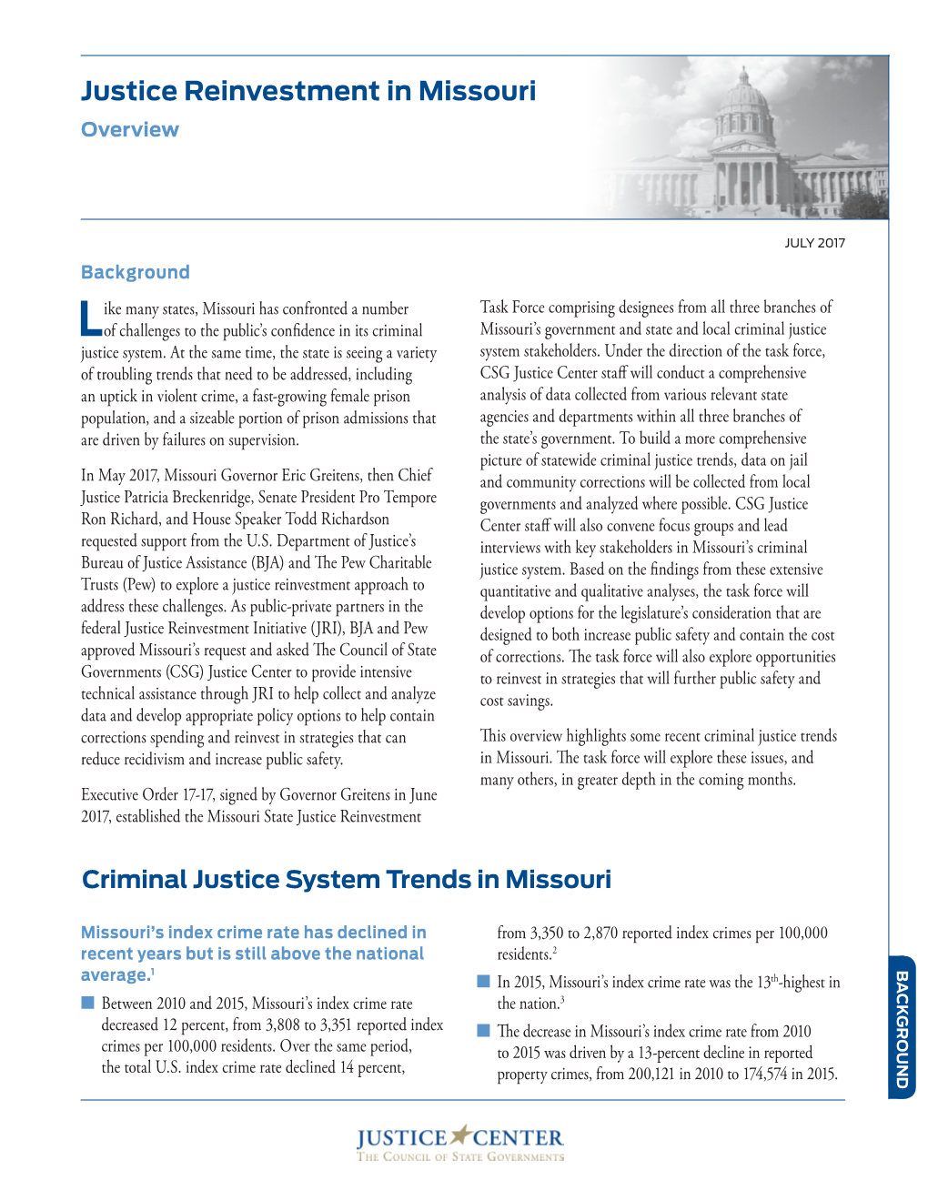 Justice Reinvestment in Missouri Overview