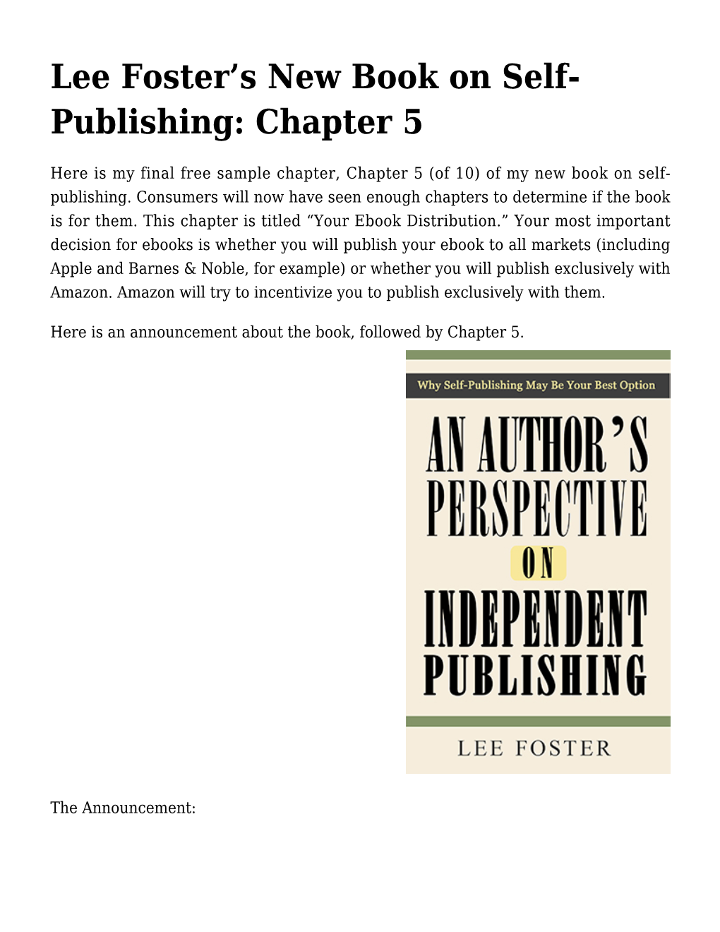 Lee Foster's New Book on Self-Publishing