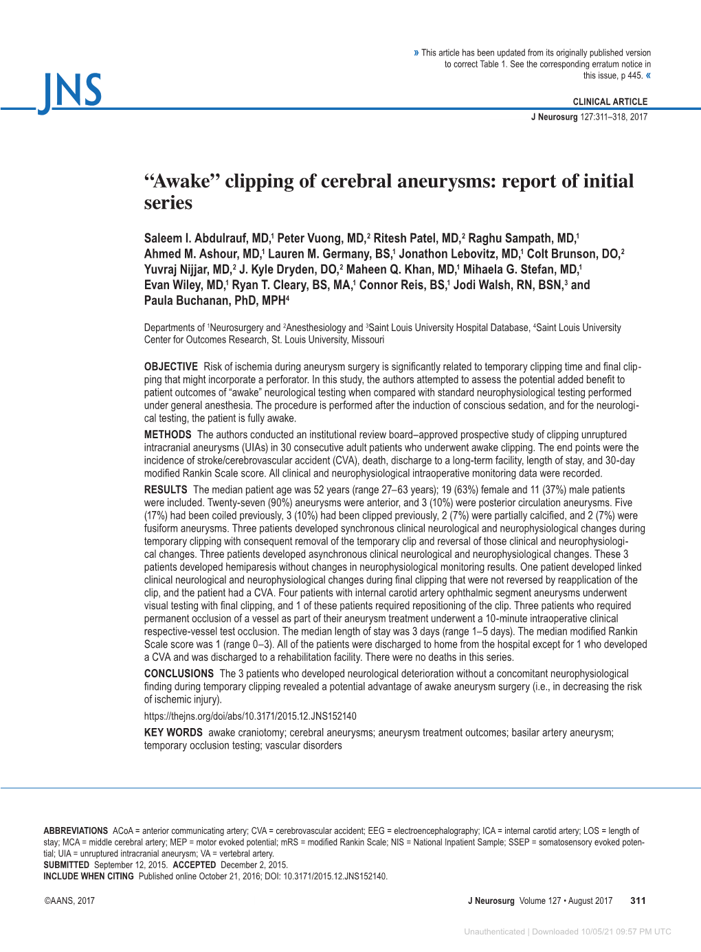 “Awake” Clipping of Cerebral Aneurysms: Report of Initial Series