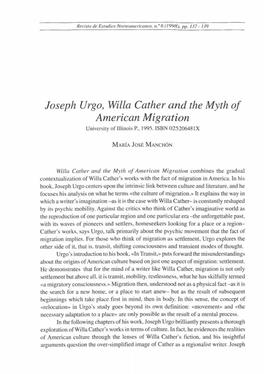 Joseph Urgo, Willa Cather and the Myth of American Migration Univcrsity of Illinois P