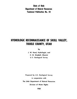 Hydrolociic RECONNAISSANCE of SKULL VALLEY, T'ooele COUNTY, UT'ah