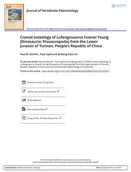 Cranial Osteology of Lufengosaurus Huenei Young (Dinosauria: Prosauropoda) from the Lower Jurassic of Yunnan, People's Republic of China