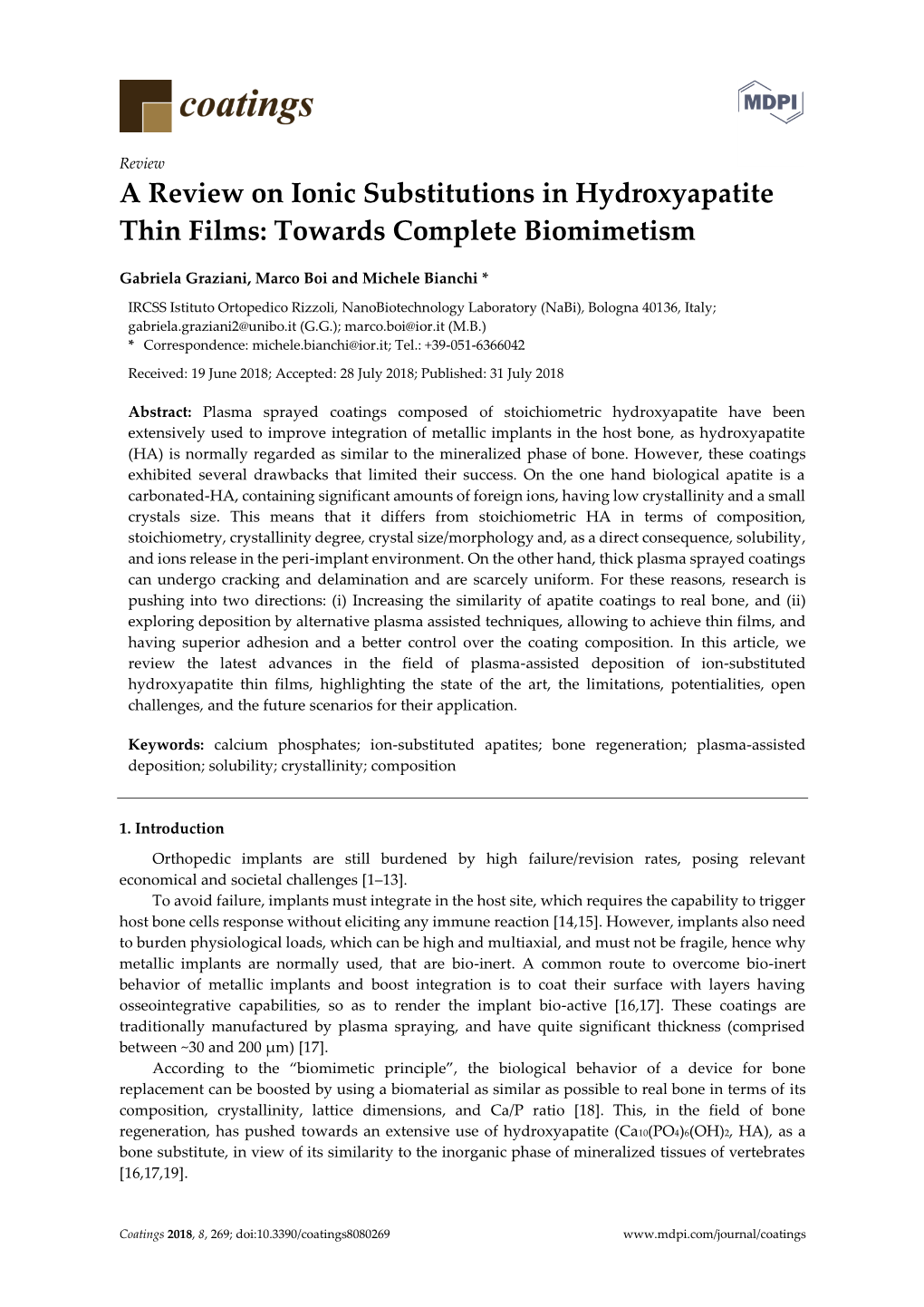 A Review on Ionic Substitutions in Hydroxyapatite Thin Films: Towards Complete Biomimetism