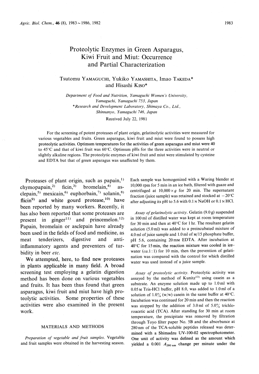 Proteolytic Enzymes in Green Asparagus, Kiwi Fruit and Miut