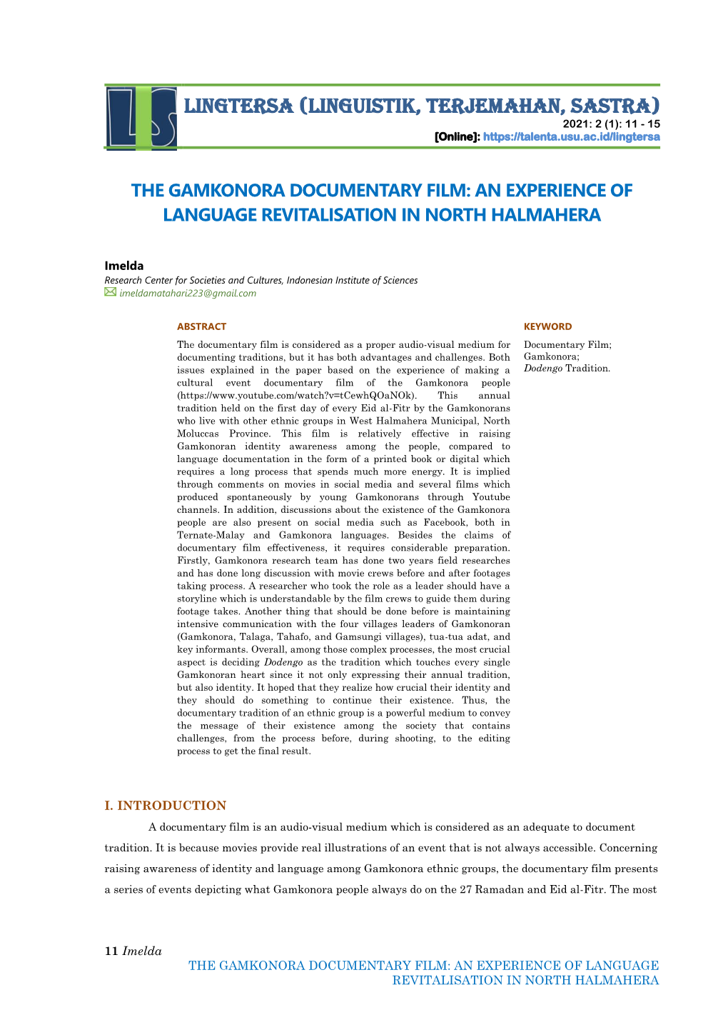 LINGTERSA (Linguistik, Terjemahan, Sastra) 2021: 2 (1): 11 - 15 [Online]