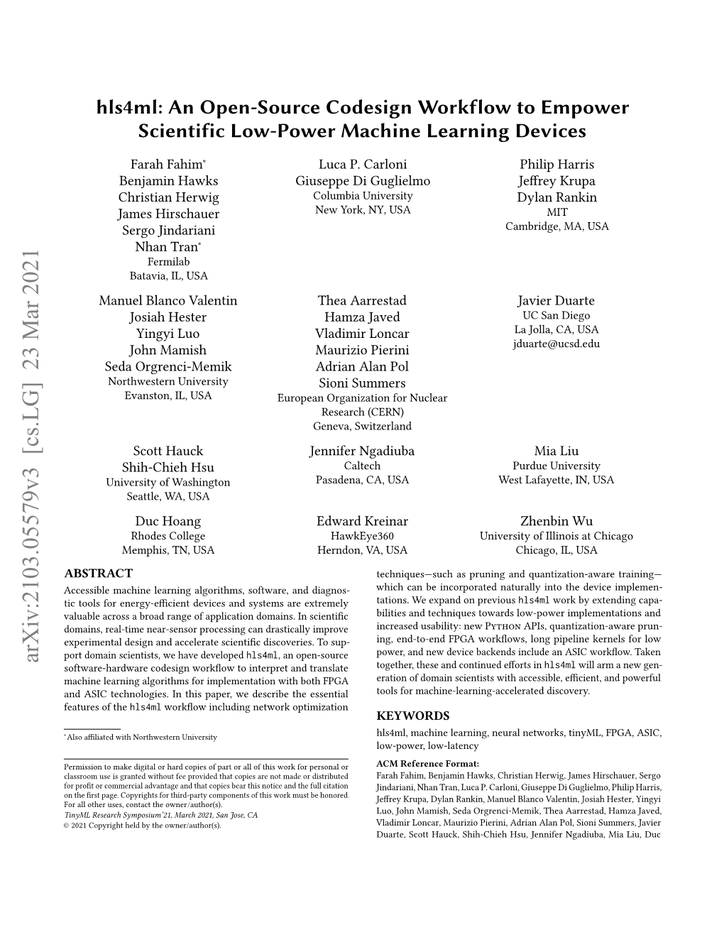 Hls4ml: an Open-Source Codesign Workflow to Empower Scientific Low-Power Machine Learning Devices