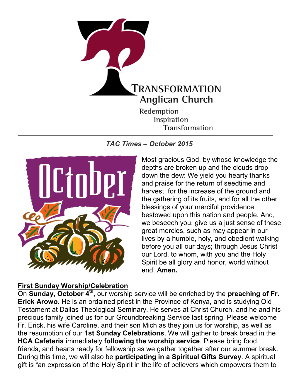 TAC Times – October 2015 Most Gracious God, by Whose Knowledge