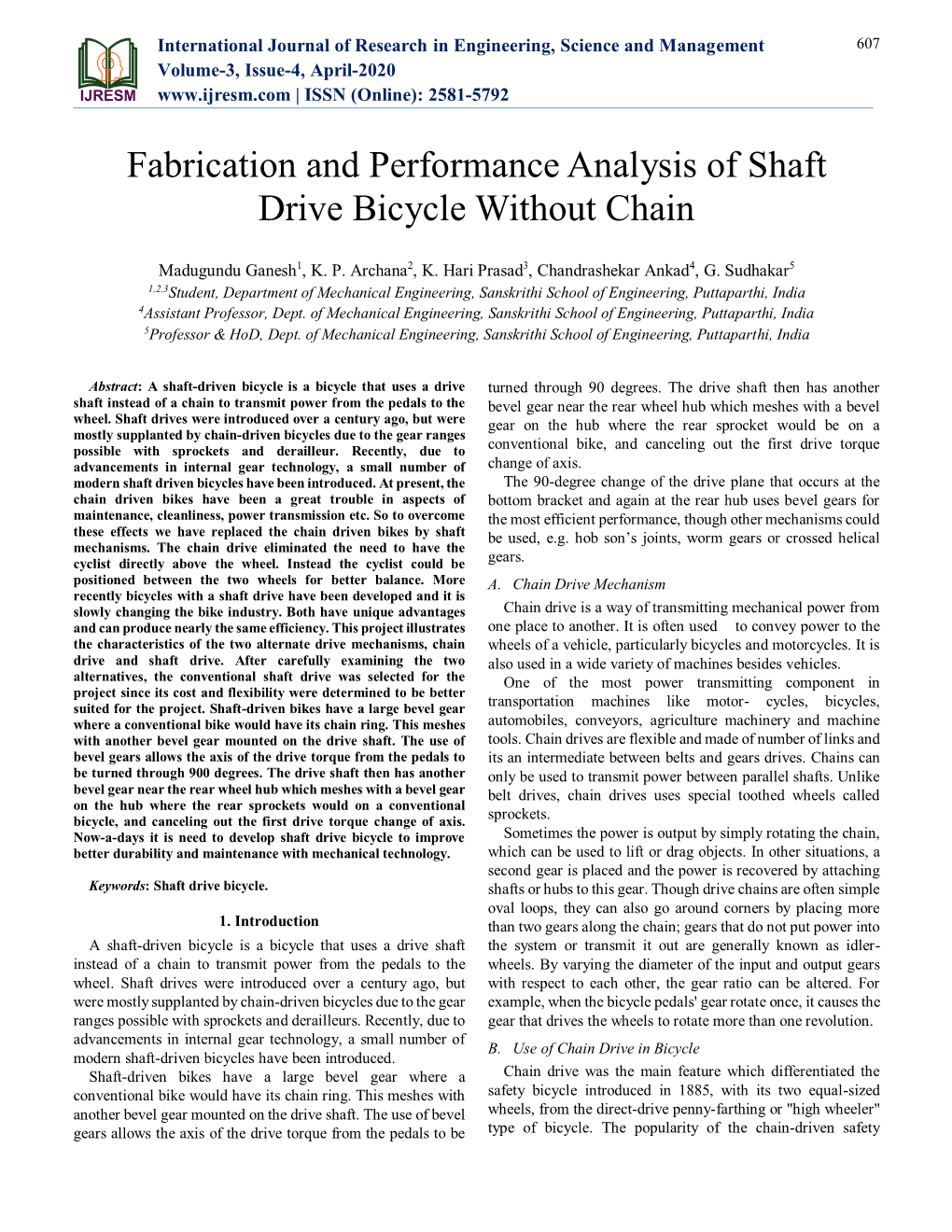 Fabrication and Performance Analysis of Shaft Drive Bicycle Without Chain