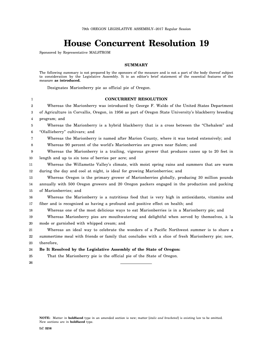 House Concurrent Resolution 19 Sponsored by Representative MALSTROM