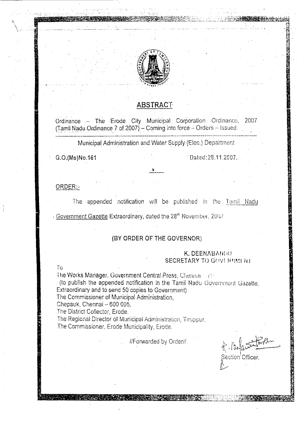 THE ERODE CITY MUNICIPAL CORPORATION ACT, 2008 (Tamil Nadu Act 8 of 2008) CONTENTS SECTION PAGE 1