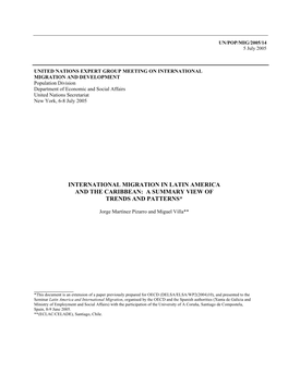 International Migration in Latin America and the Caribbean: a Summary View of Trends and Patterns*