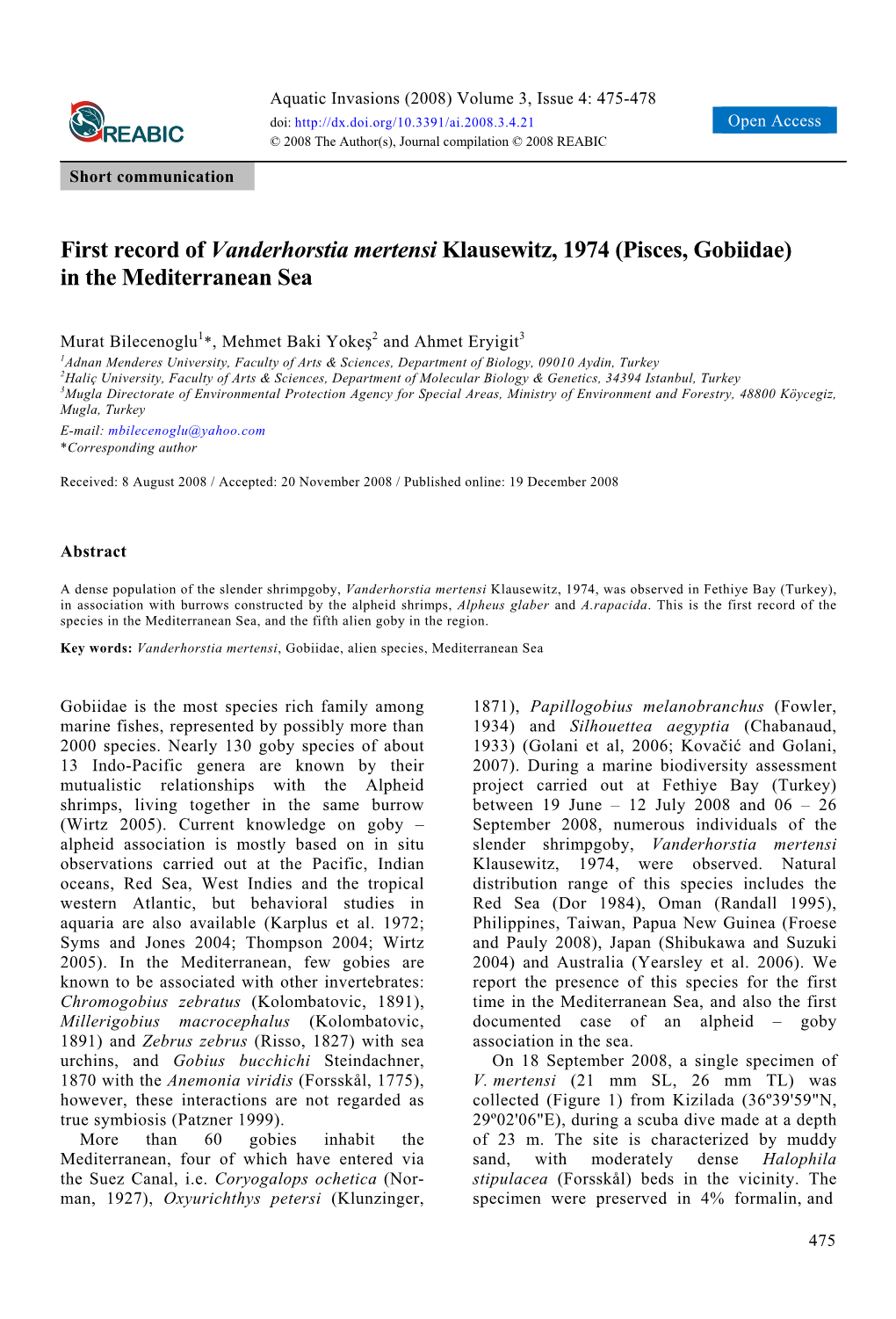 First Record of Vanderhorstia Mertensi Klausewitz, 1974 (Pisces, Gobiidae) in the Mediterranean Sea