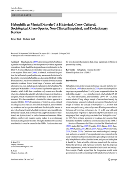 Hebephilia As Mental Disorder? a Historical, Cross-Cultural, Sociological, Cross-Species, Non-Clinical Empirical, and Evolutionary Review