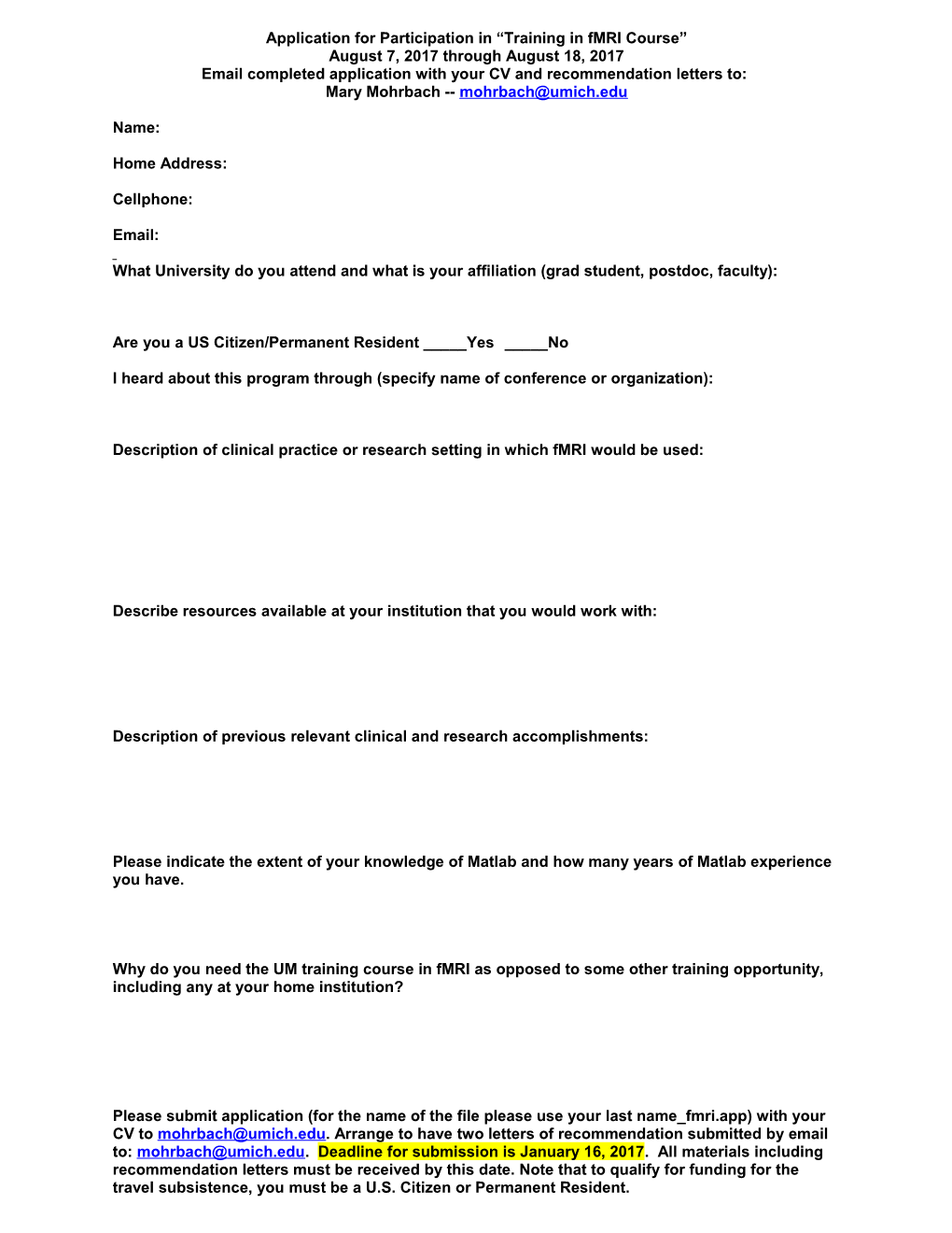 Application for Participation in Training in Fmri Course