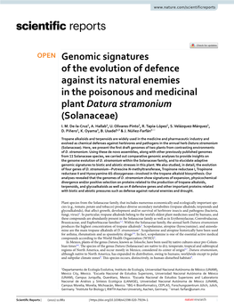 Genomic Signatures of the Evolution of Defence Against Its Natural Enemies in the Poisonous and Medicinal Plant Datura Stramonium (Solanaceae) I