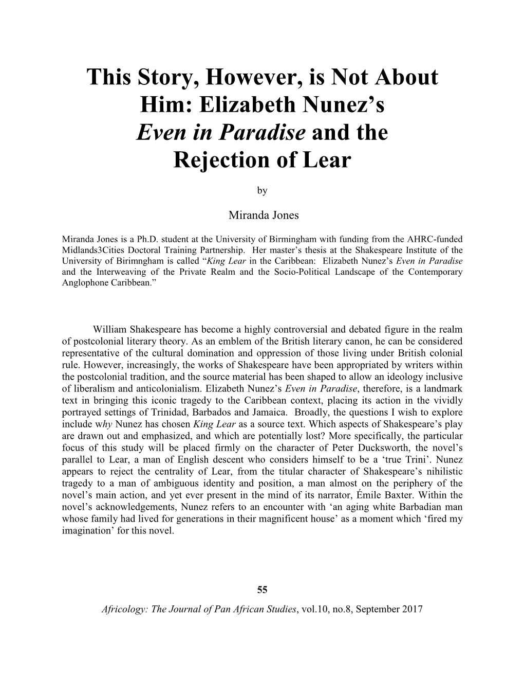 Elizabeth Nunez's Even in Paradise and the Rejection of Lear