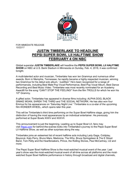 Justin Timberlake to Headline Pepsi Super Bowl Lii Halftime Show February 4 on Nbc