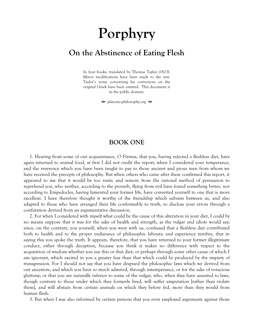 Porphyry on the Abstinence of Eating Flesh